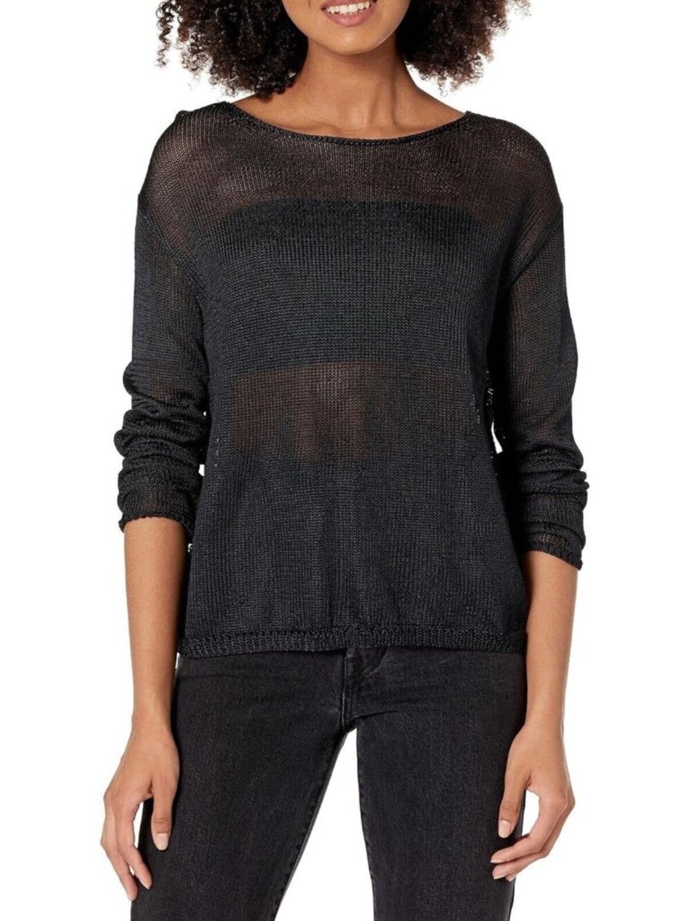 Vince Designer Pullover Scoop Neck Silver Black Metallic Knit Sweater Rayon M